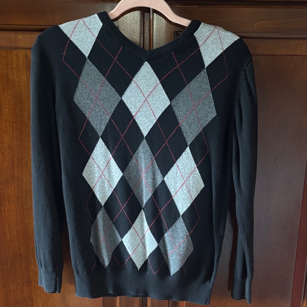 The Children's Place Black Argyle Sweater with Gray, Silver and Red Accents